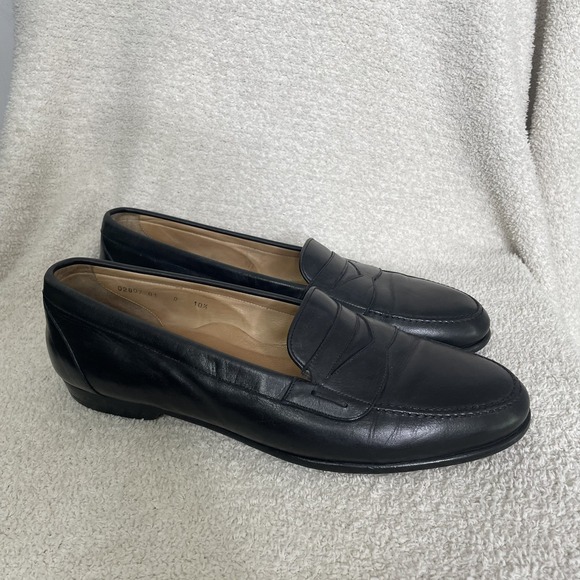 $750 Santoni Solid‎ Black Penny Loafers Leather Shoes Men\'s Size 10.5 FLAWED main image 4